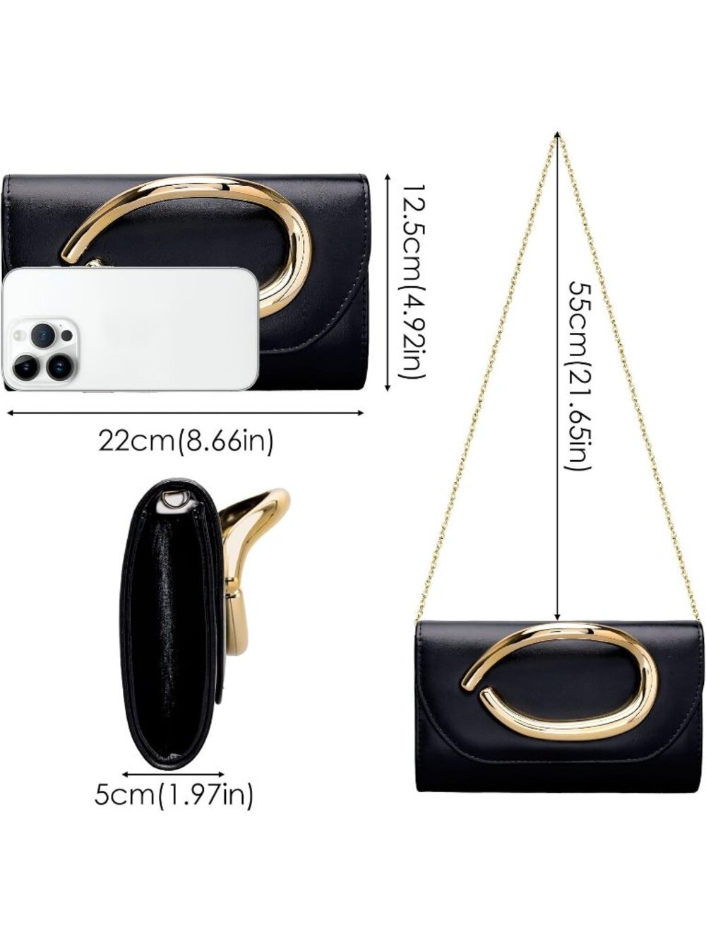 Women's Black Leather Clutch Purse For Gold Handle Evening Wedding Party Bag - Picture 7 of 7